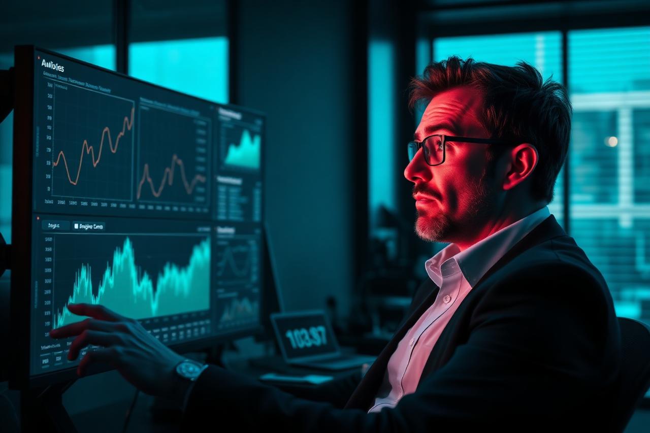 Business owner studying analytics charts with a puzzled expression