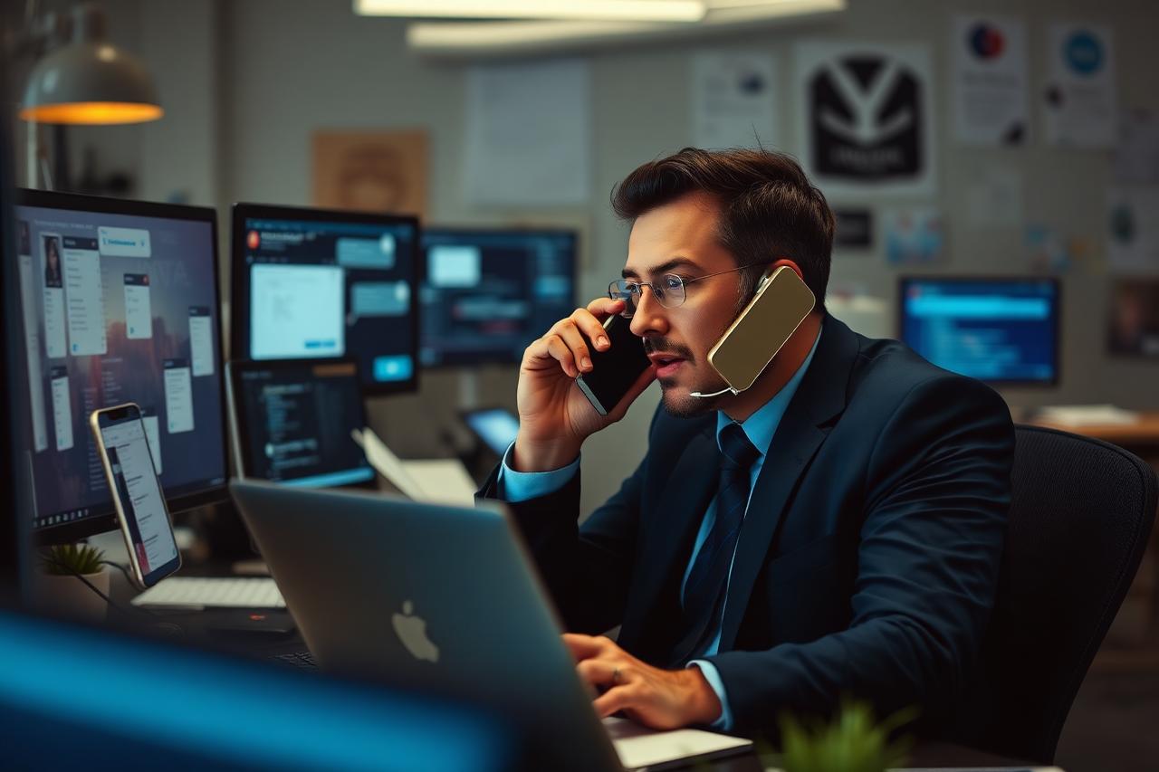 Business owner handling a phone call while messages and emails arrive