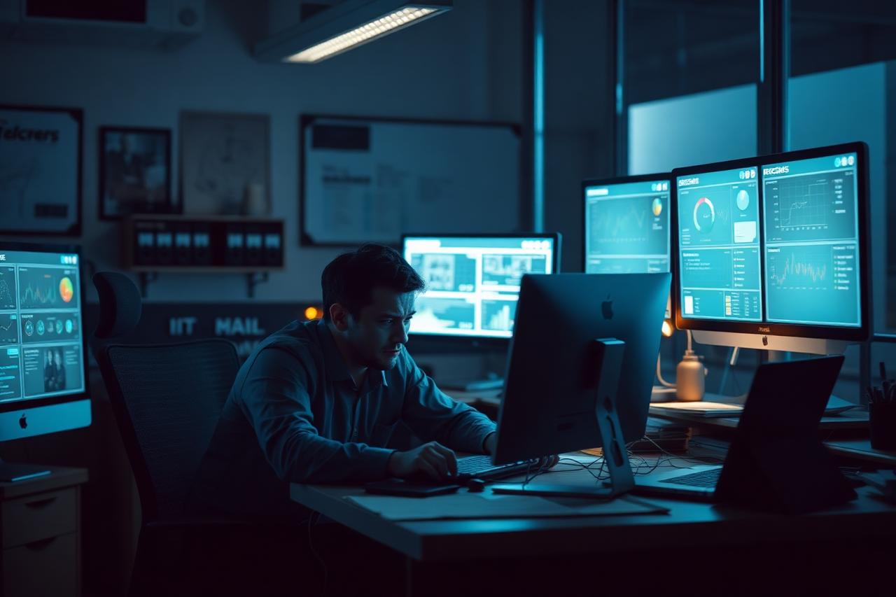 Small business owner at a desk surrounded by multiple software dashboards